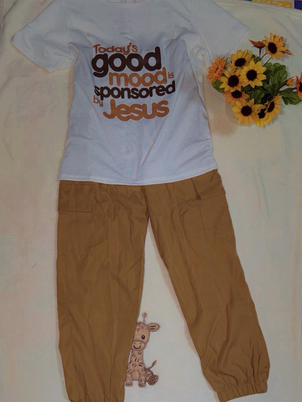 PatPat White Tee with Tan Graphic and Tan Pajama Pants